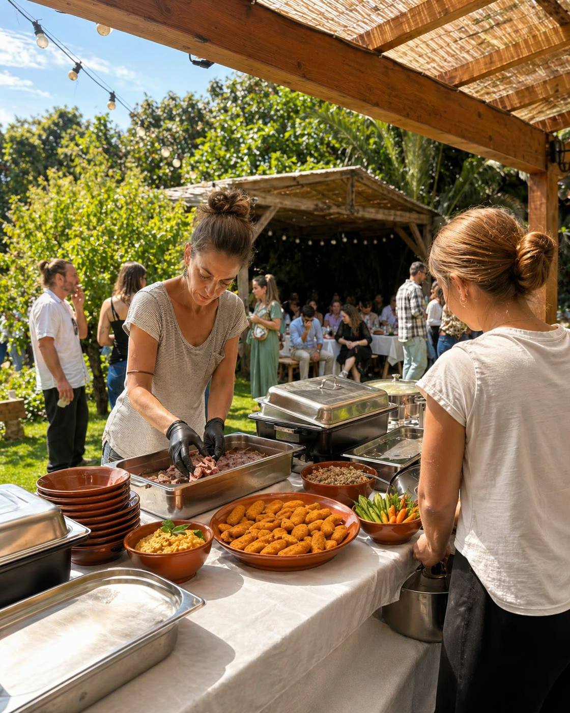 Serviço de buffet em evento ao ar livre com convidados ao fundo