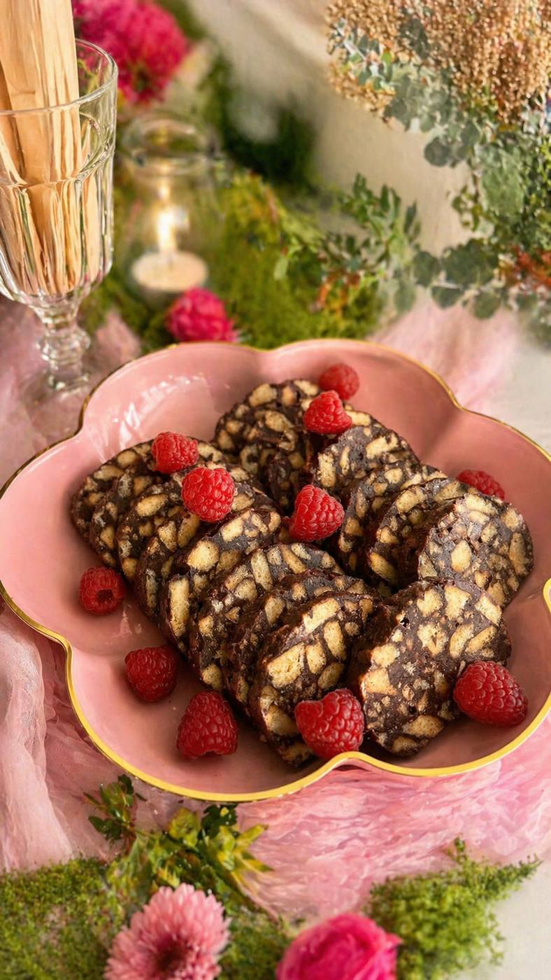 Sobremesa de chocolate com framboesas em apresentação de buffet