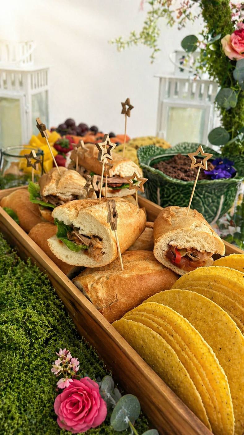 Tabuleiro de mini sandes e tacos para evento privado